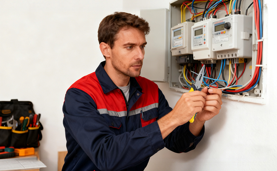 A man is using needle-nose pliers to repair the electric meter wiring
