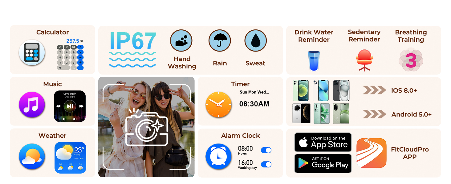 IP67 Waterproof Smart Watch with Weather, Music Control, and Reminders