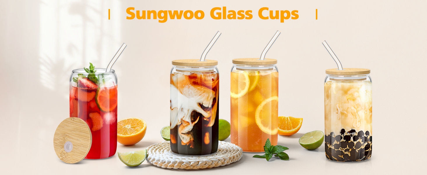 sungwoo Glass Cups with Bamboo Lids and Straws