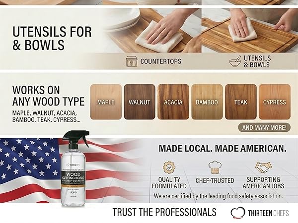 Cleans maple, walnut, acacia, bamboo and teak countertops and wood surfaces