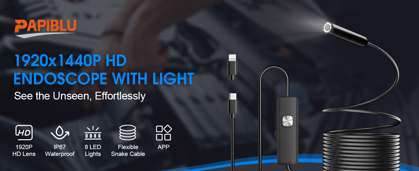 Endoscope with Light, 1920P HD Borescope, IP67 Waterproof Inspection Tool 1