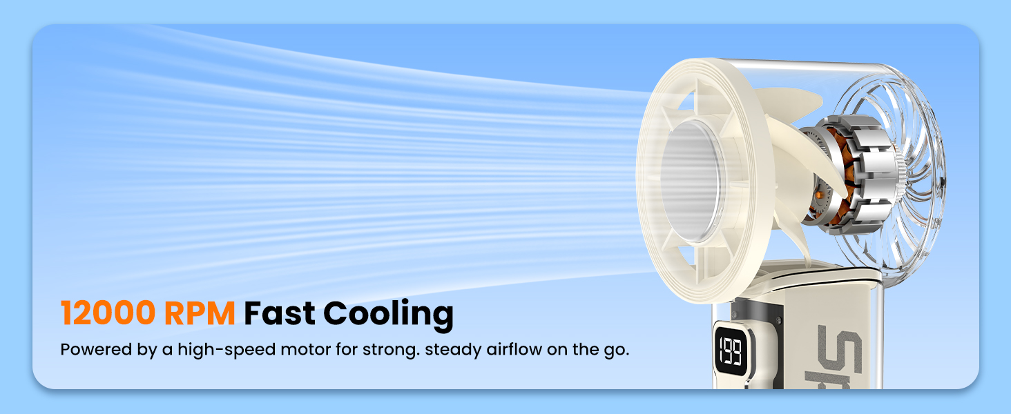 12000 RPM Fast Cooling Powered by a high-speed motor strong. steady airflowon the go