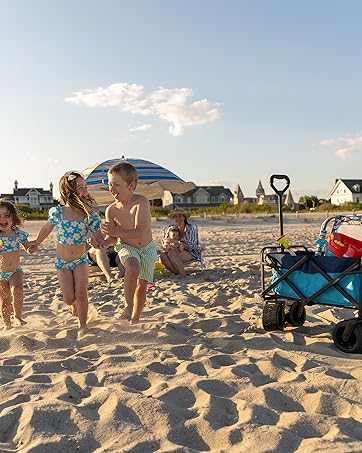 kids running in sand at beach. beach cart with toys. dunes and houses in backgorund