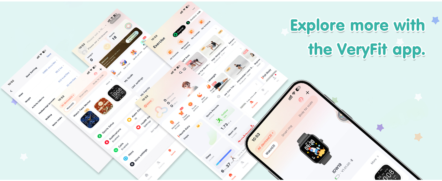 Text reads 'Explore more with the VeryFit app.' Mobile app interface showing fitness tracking screens and statistics.