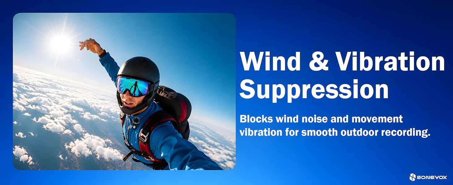 SONEVOX AirMic wireless lavalier mic with wind noise reduction for outdoor recording