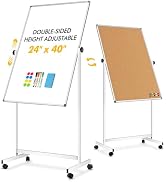Rolling Whiteboard Corkboard Combo with Stand 24"x40" | Double-Sided Mobile Dry Erase Bulletin Bo...