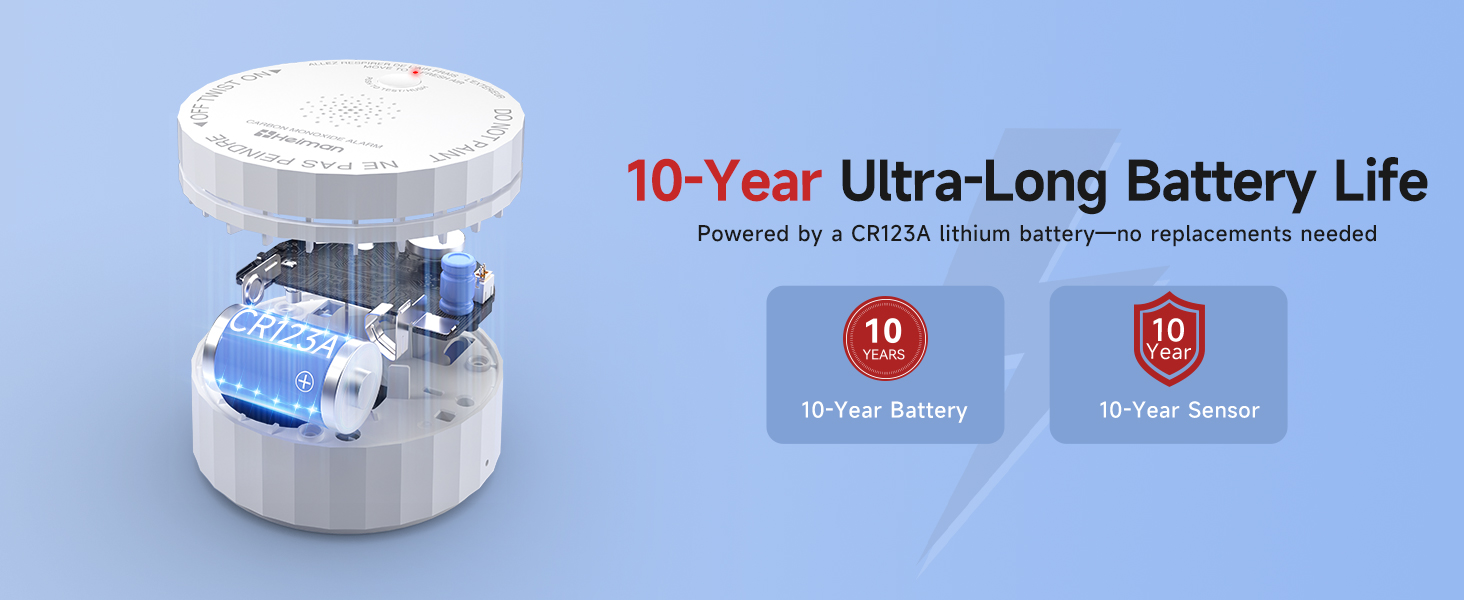 wireless interconnected carbon monoxide detector 10-year battery