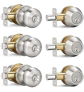 3 Sets Entry Door Knob and Single Cylinder Deadbolt Combo Set, Keyed Alike Round Ball Satin Nicke...