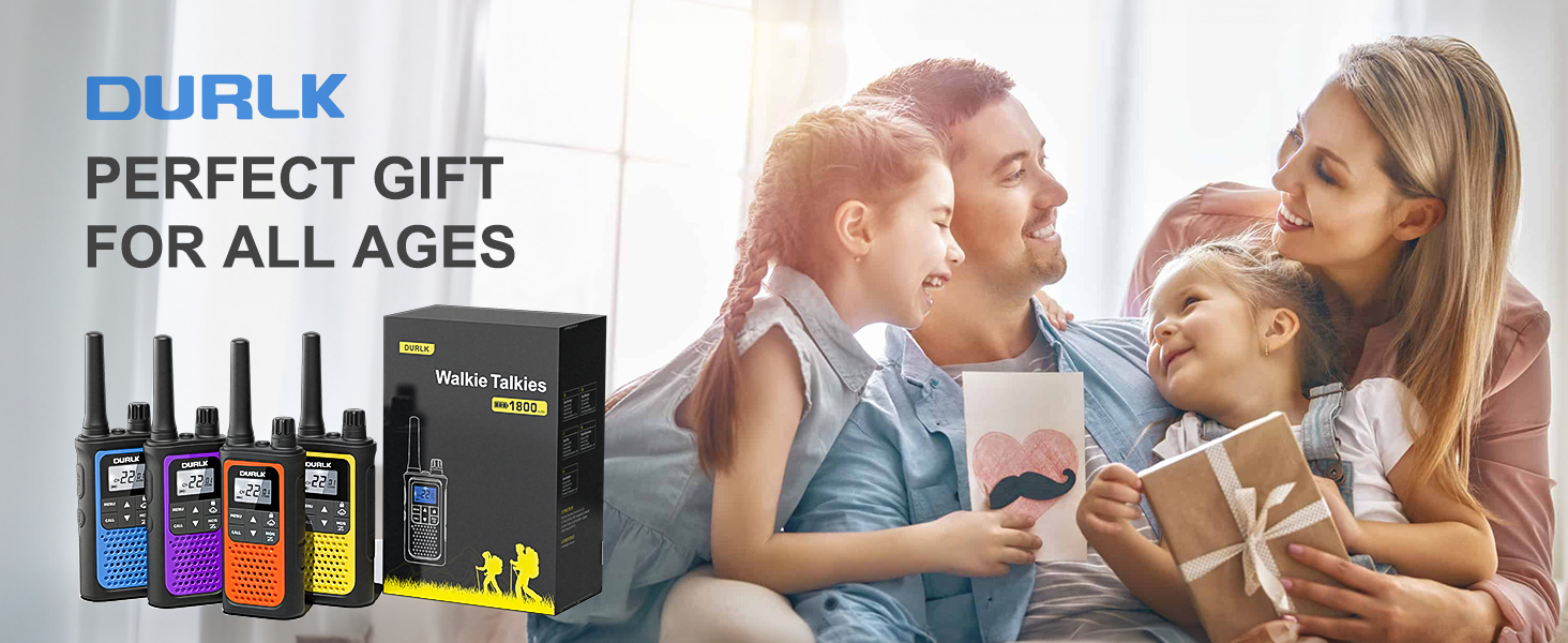 A family of four with smiles on their faces received a gift of DURLK 2 pack walkie talkies all ages