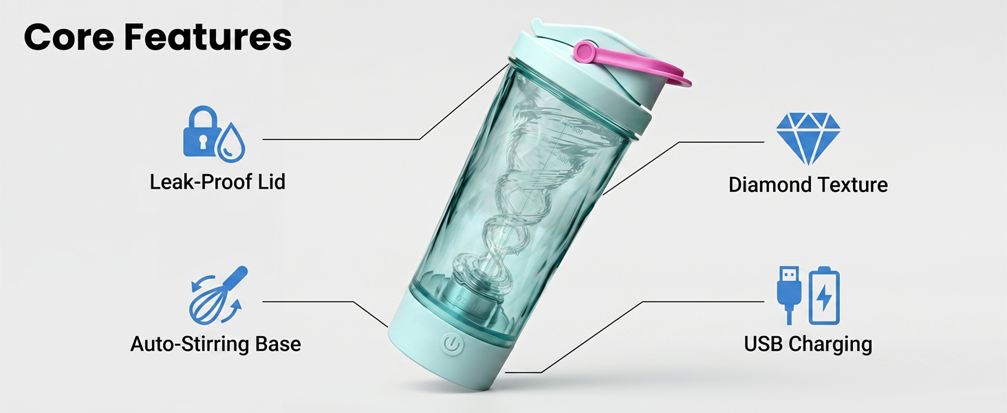 Electric shaker bottle showing leak-proof lid, diamond texture, stirring base, and USB charging.