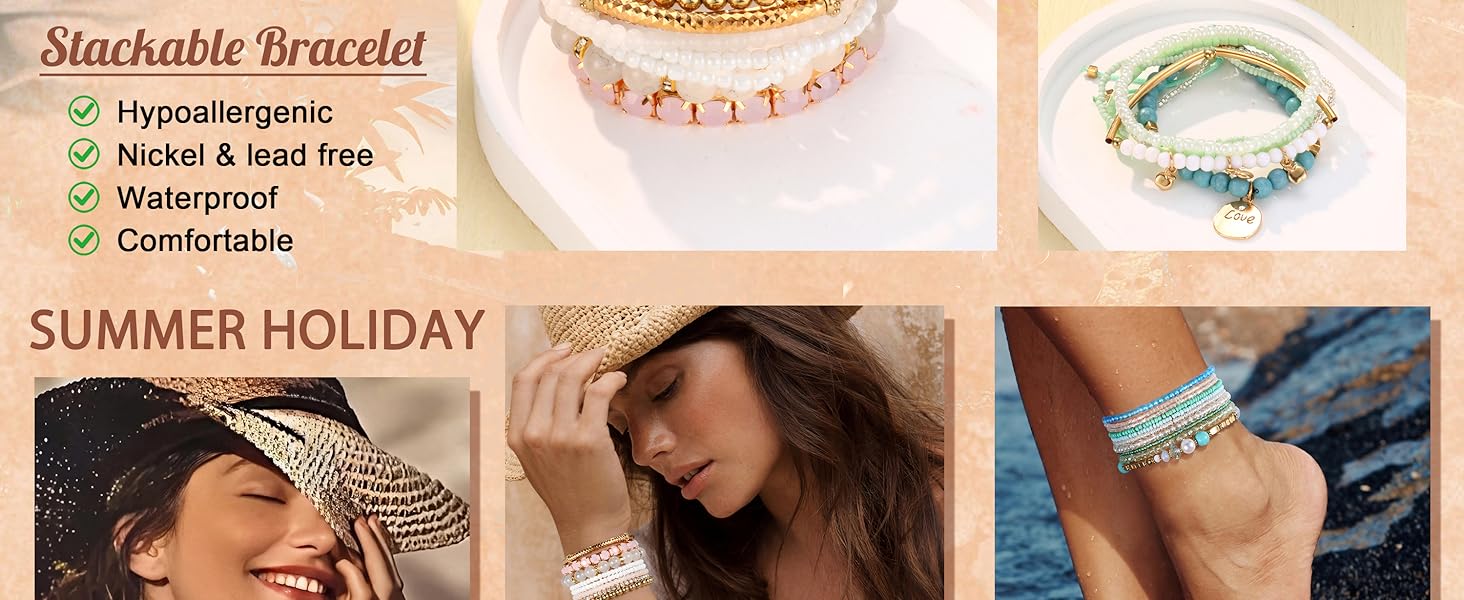 Bohemian Stackable Bead Bracelets for Women Stretch Bohemian Style Multilayered Boho Bracelet