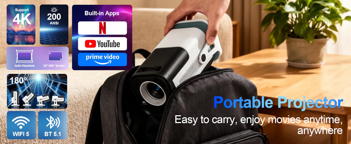Built-in App Smart Portable Projector 4K Support