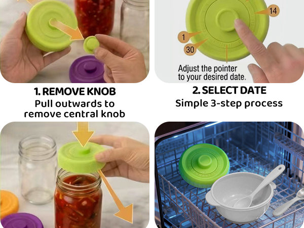 4 simple steps to use silicone fermentation lids with date tracker. Dishwasher safe mason jar lid.