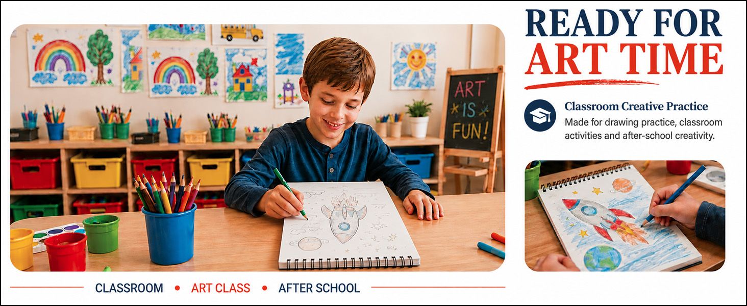 This drawing sketchbook gives kids space for art class practice, projects and after-school art.