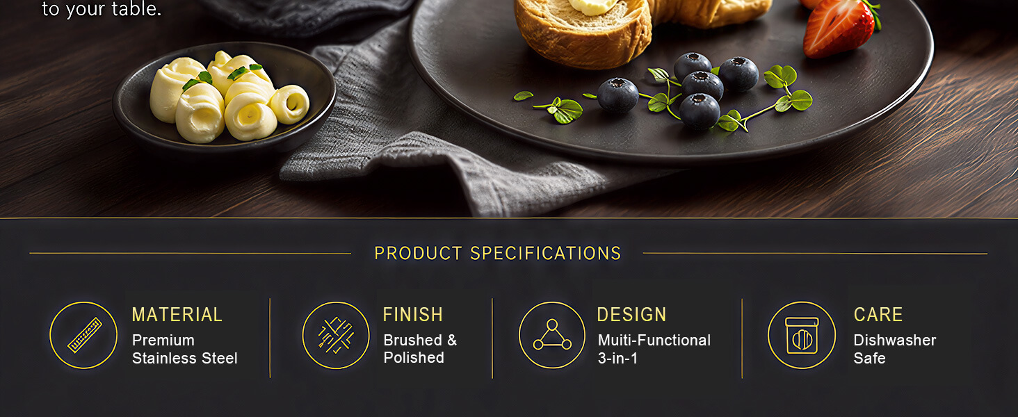 MATERIAL,Premium Stainless Steel.FINISH,Brushed &amp;amp; Polished.DESIGN,3-in-1.CARE,Dishwasher Safe