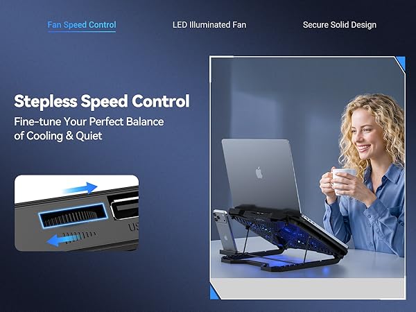 Text reads 'Stepless Speed Control' and 'Precision Designed for Your Perfect Balance.' Product image shows a massage device with blue-toned professional setting backdrop featuring a woman using equipment.