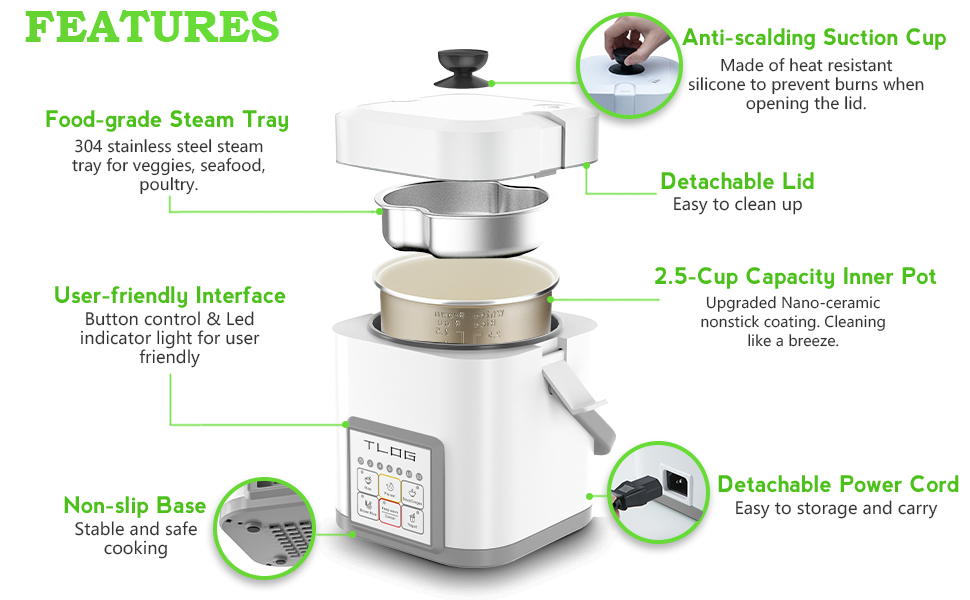 Product feature diagram of electric steamer showing components including steam tray, detachable lid, 2.5-cup capacity pot, and non-slip base.