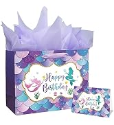 13" Large Mermaid Happy Birthday Gift Bag with Handle, Tissue Paper and Card for Kids Girls
