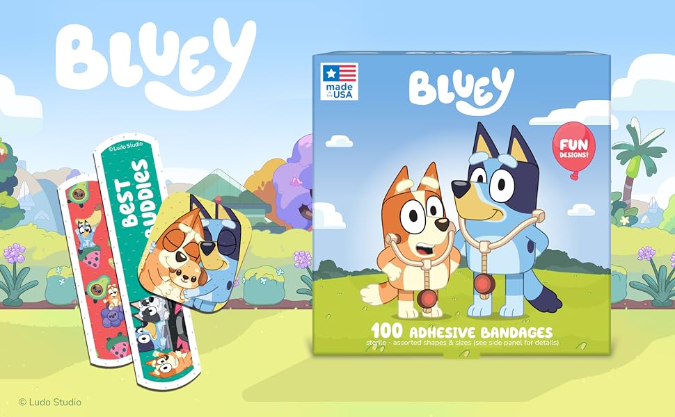 Bluey adhesive bandage box with Bluey and Bingo and colorful printed bandage strips.
