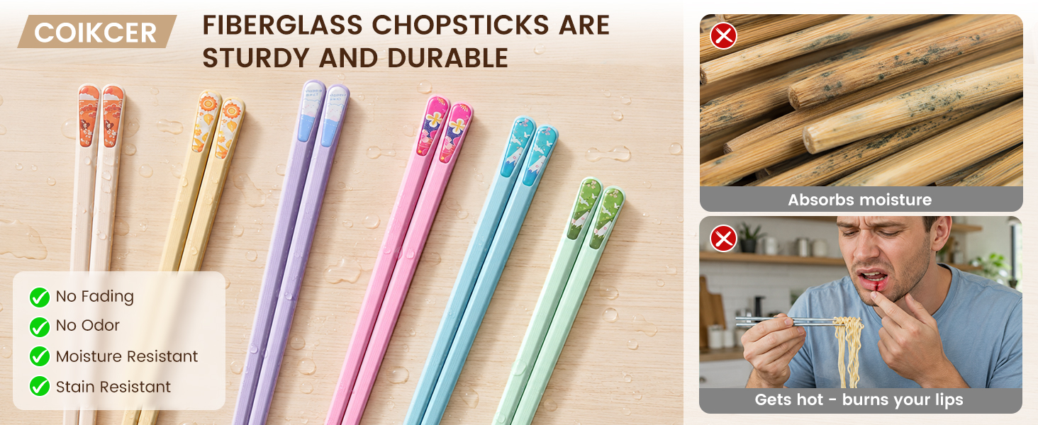 Coikcer fiberglass chopsticks, moisture stain fade resistant sturdy reusable tableware