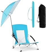 GYMAX Folding Beach Chair, 330lbs Low Seat Camping Chairs with Removable Adjustable Umbrella, Car...