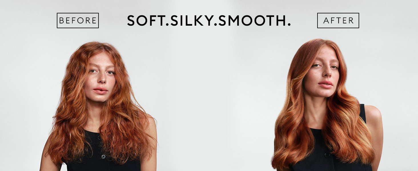 Model with red hair, frizzy on the left and sleek on the right, against a clean white background.