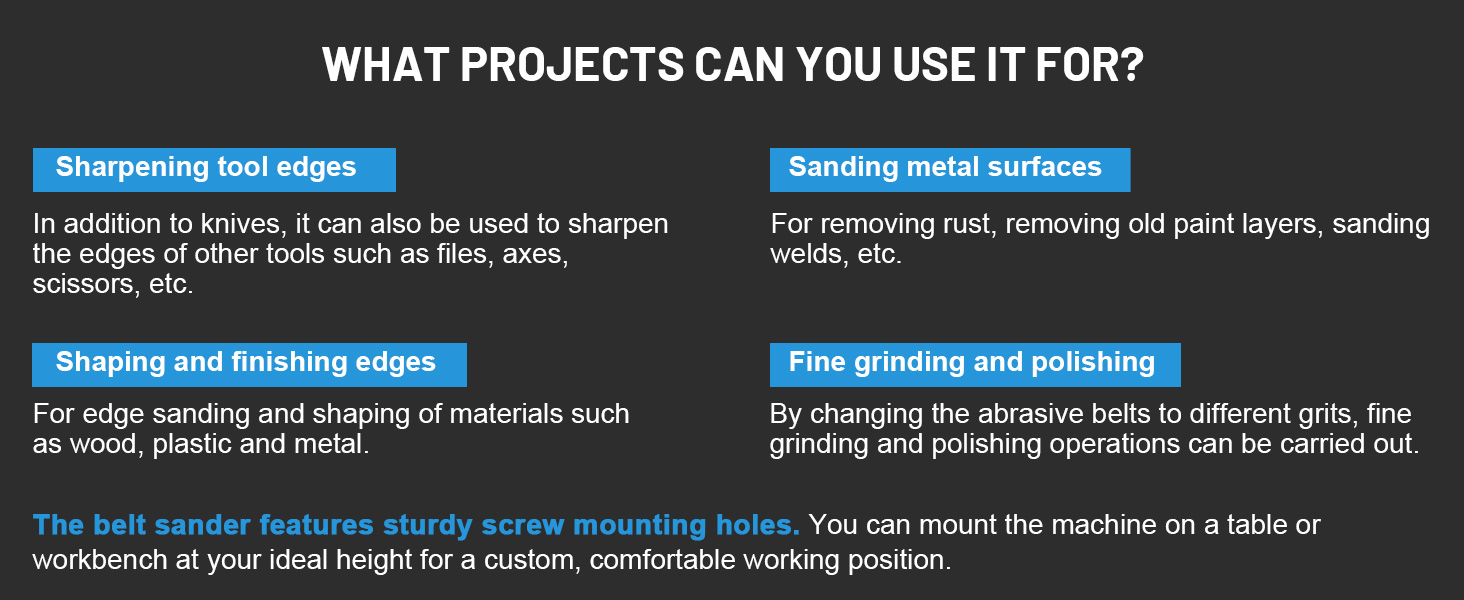 Text reads 'WHAT PROJECTS CAN YOU USE IT FOR?' followed by various project descriptions with blue headers describing sorting and organizing capabilities.