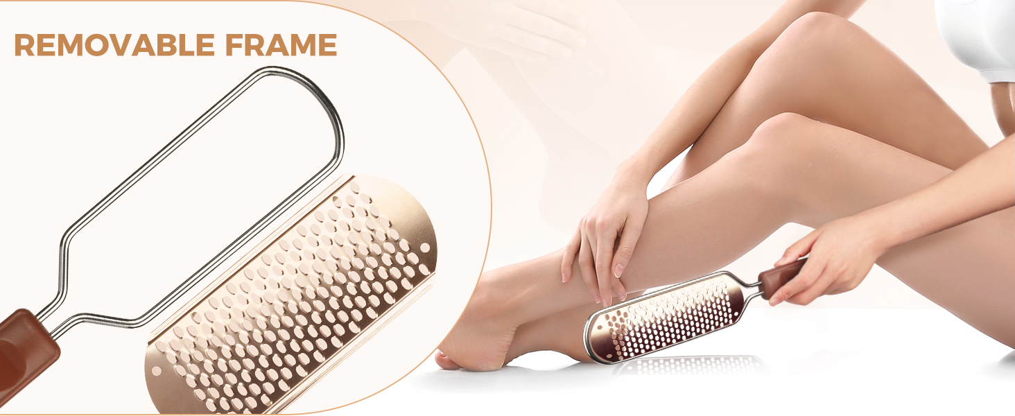 Hair removal device with removable frame feature being used on legs, showing metal roller design with textured surface.