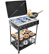 5-Burner Natural Gas Stove, 2.5KW Each, Freestanding Black Cooktop with Independent Knobs, Heat D...