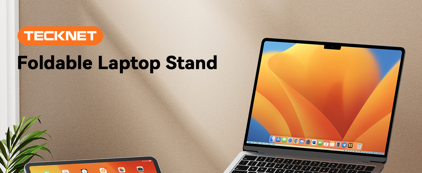 Text reads 'TECHANET Foldable Laptop Stand'. Product image shows adjustable laptop stand with orange-screened device displayed.