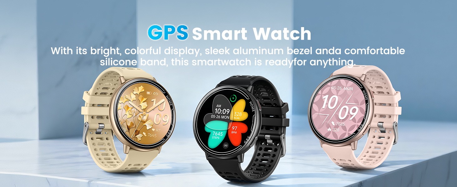 Text reads 'GPS Smart Watch'. Product showcase of multiple smartwatches with different colored bands and watch faces, displayed on light blue background.