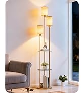GOEBLESON Floor Lamp with Shelves, Modern Floor Lamp with 3 Linen Shades and Foot Switch, 3-Light...