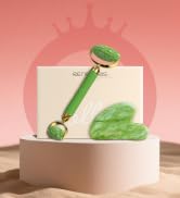 Rena Chris Face Roller &amp; Gua Sha Set, Natural Jade Massage Tools for Jawline Sculpting and Puffin...