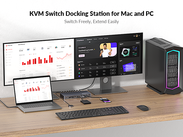 KVM switch docking station for macbook and PC 2 monitors, plug and play