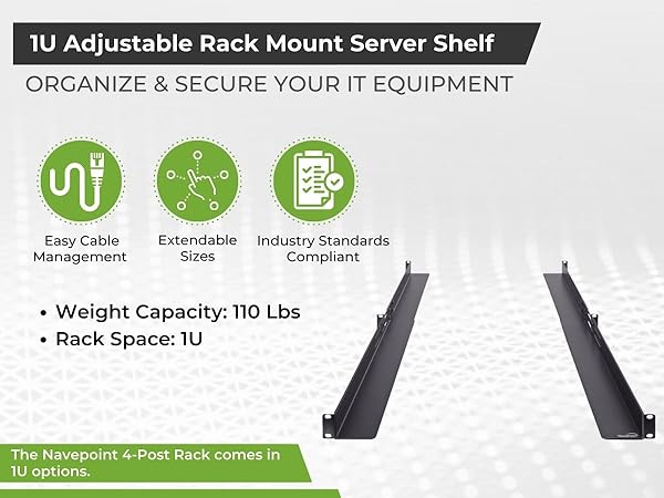 NavePoint 1U Adjustable Rack Mount Server Shelf Rails