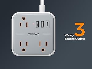 Extension Cord Flat Power Strip 15 FT, TESSAN Surge Protector Power Strip with USB Ports