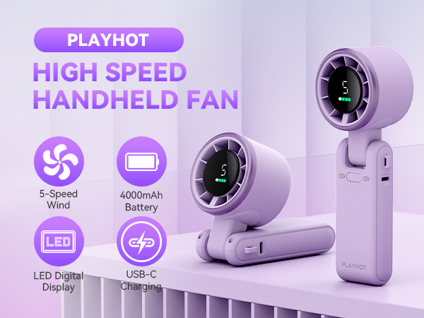 Purple handheld fan rechargeable LED digital display 4000mAh personal fan mini fan USB C charging