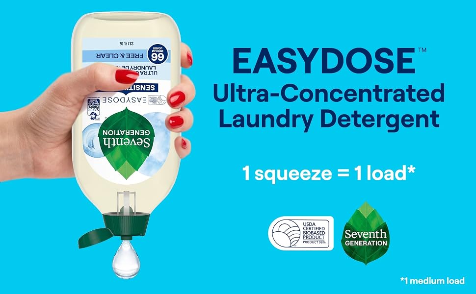 Seventh Generation EasyDose laundry detergent Free and Clear, gentle fragrance with cleaning power.