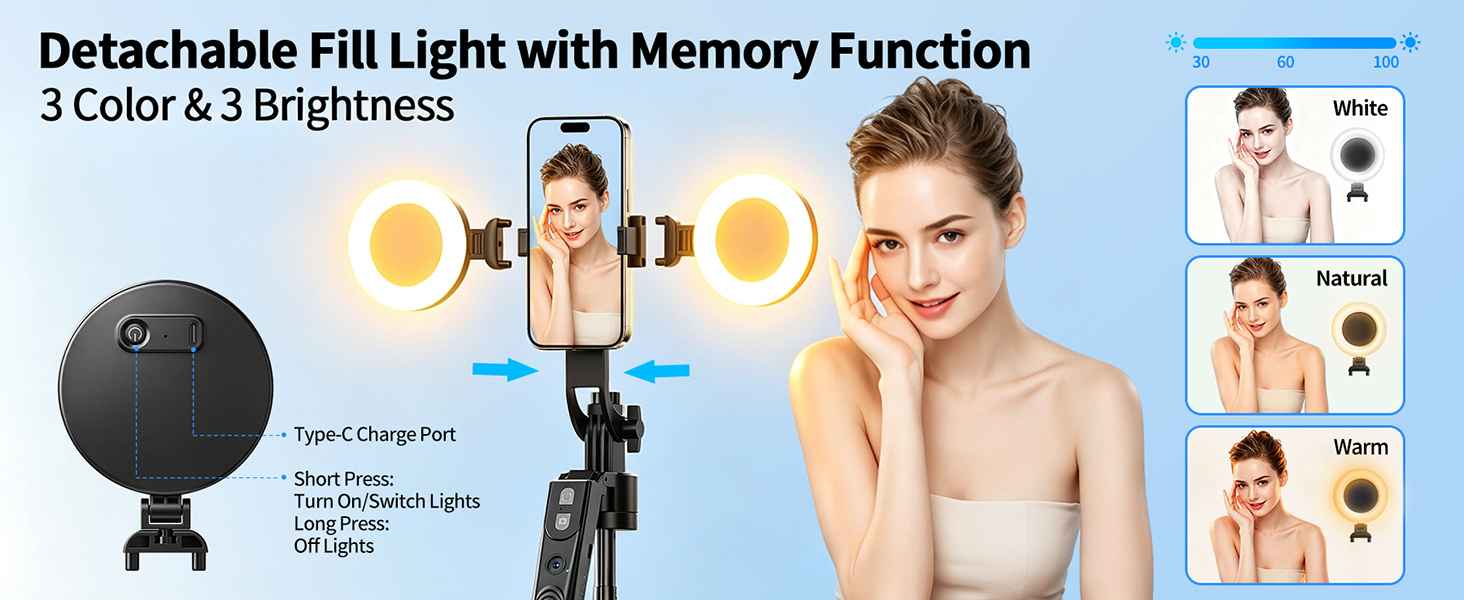 Text reads 'Detachable Fill Light with Memory Function', '3 Color &amp; 3 Brightness'. Black spherical LED fill light with tripod stand displayed with woman demonstrating various brightness and color settings for portrait photography.