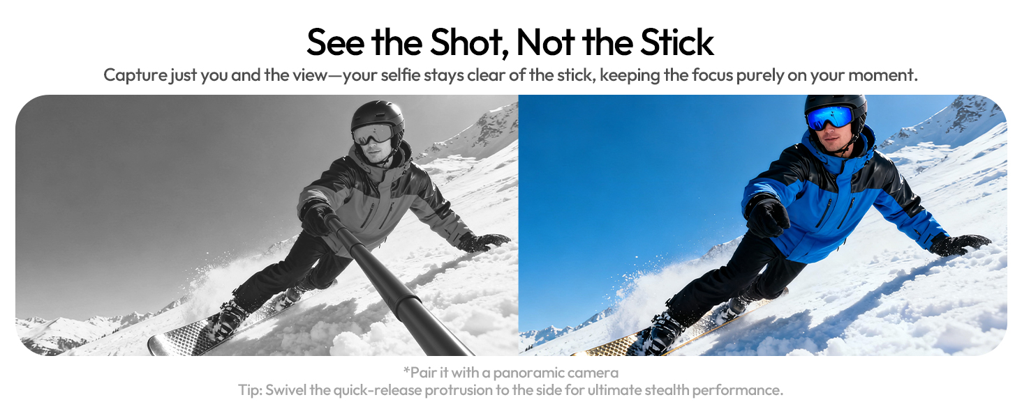Text reads: 'See the Shot, Not the Stick'. Series of action shots showing skiing sequences against snowy mountain backgrounds.
