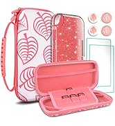 Pink Nintendo Switch carrying case with leaf pattern, includes glittery phone case, screen protectors, and joystick covers. Case has interior storage for game cartridges and accessories.