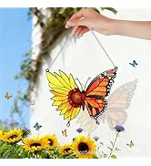 Stained Glass Window Hanging, Butterfly Flowers Sun Catcher Decor, Handcrafted Stained Glass Pane...