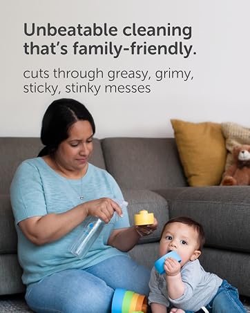 Family-friendly cleaner tackling everyday messes with parent and child in a living room.