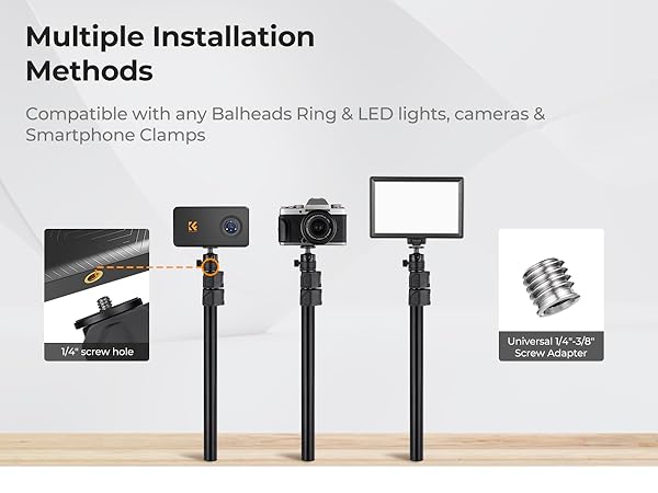 Text reads 'Multiple Installation Methods' and 'Compatible with any Ballheads Ring &amp; LED lights, cameras &amp; Smartphone Clamps'. Detailed product display showing various mounting options and accessories.