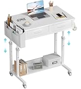Small White Portable Rolling Desk - 32 Inch Adjustable Mobile Standing Desks with 2 Fabric Drawer...
