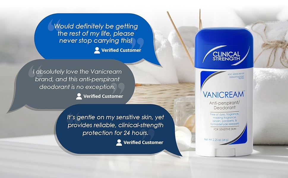 Vanicream deodorant customer testimonials emphasizing gentle formula and 24-hour sweat protection.