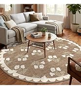 Othilic Tan 6ft Round Area Rug for Living Room - Large Washable Floral Neutral Farmhouse Scallope...
