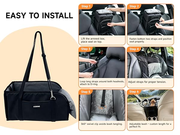 Lift the armrest box, place seat on top. Fasten bottom two straps and position seat properly.