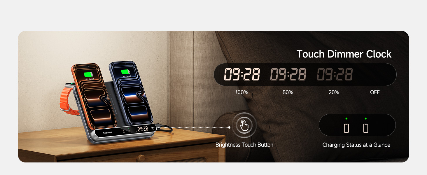 Text reads 'Touch Dimmer Clock'. Modern charging station with digital clock display showing time, featuring multiple device docking positions.