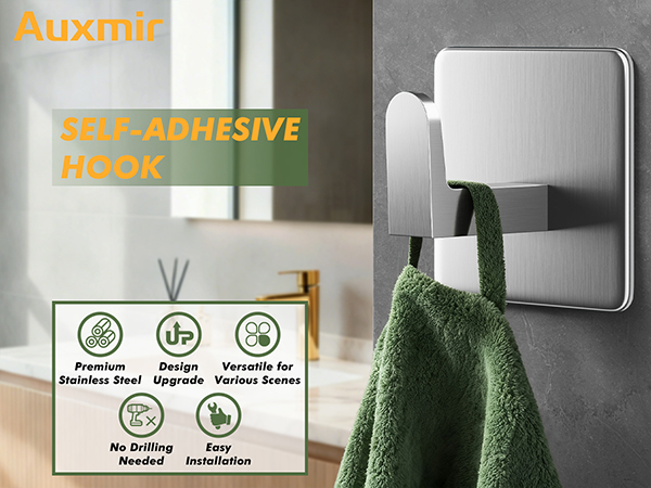 Auxmir self-adhesive hook, premium stainless steel, no drilling needed, easy installation